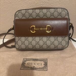 Gucci Horsebit 1955 Small Shoulder Bag Brown Canvas Gold Hardware